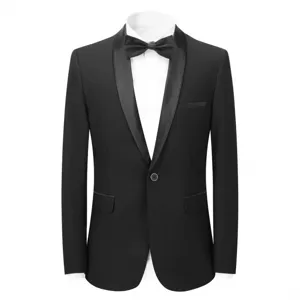 Men's Black Shawl Lapel Tuxedo Jacket with White Shirt and Bow Tie Formal Main View