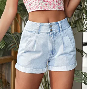 Ψηλόμεσα τζιν σορτς με ρεβέρ για γυναίκες, casual καλοκαιρινό στυλ και μόδα καθημερινή.