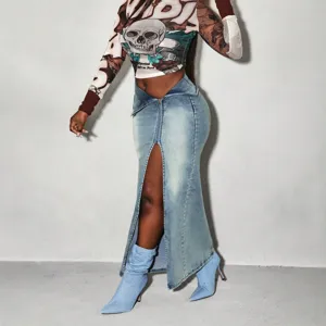 Donna vita alta spacco asimmetrico gonna midi in denim moda Y2K gonna lunga casual