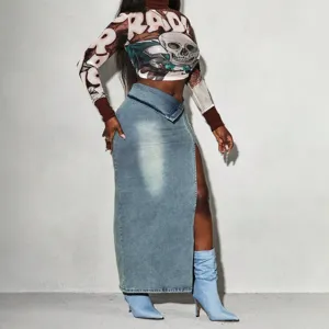 Donna moda vita alta spacchetto laterale stretch denim maxi gonna trendy streetwear abiti