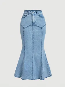 Elegant Women's Denim Fishtail Skirt High Waist Stretch Slim Fit Maxi Skirt Blue Streetwear Casual Denim Skirt Pocket Bottom