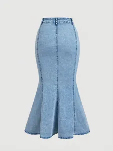 High waist denim mermaid skirt for women, stylish casual long blue denim maxi skirt.