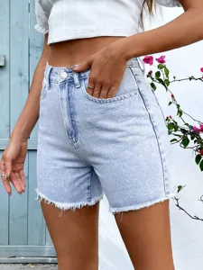 High waist light wash denim shorts for women summer casual raw hem frayed jean shorts