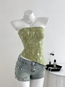 Women Sexy Green Sequin Textured Tube Top Summer Sleeveless Backless Strapless Slim Fit Crop Top For Party Clubwear