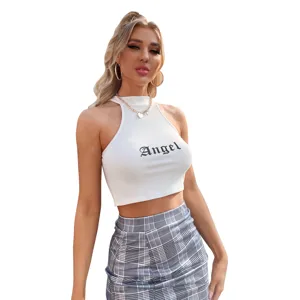 Mujer Top Corto Blanco Halter Falda Cuadros Sin Mangas Estampado Letras Ropa Verano