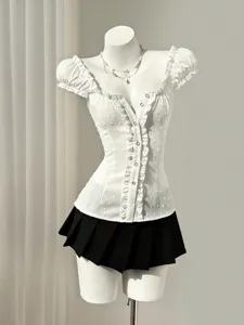Süß Puffärmel Weiß Hemd Für Damen Geometrisch Überkreuzte Schnürung Tailliert U-Ausschnitt Kurzarm Bluse Top Casual Alltäglich Kleidung
