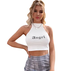 Mujeres Casual Blanco Crop Camiseta Sin Mangas Verano Estampado Letras Slim Moda Chaleco
