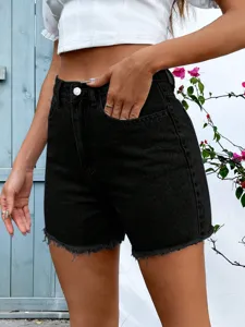 High-waisted black denim shorts with raw hem detail, stylish casual women summer apparel.