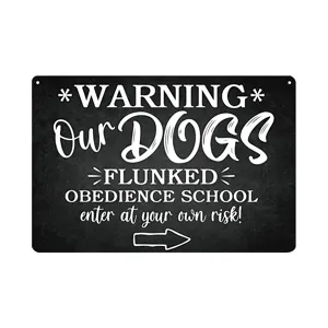 Funny warning dog sign detail view, black wooden plaque with white text, home decor.