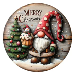 Round wooden Christmas door sign with cute gnome and snowman cupcake festive hanging decor.