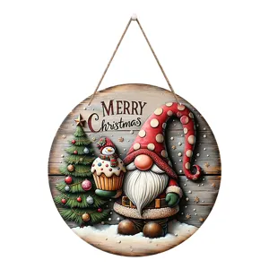 Christmas wooden hanging sign detail, cute gnome and Christmas tree holiday decor pendant.