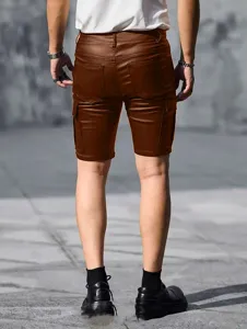 Men's brown PU leather cargo shorts, slim fit summer casual streetwear five-point pants.