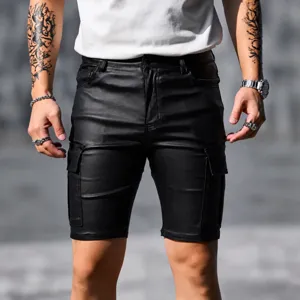 Men PU Leather Cargo Shorts Slim Fit Knee Length Multi Pockets Summer Streetwear Casual Cycling Bottoms Faux Leather Pants