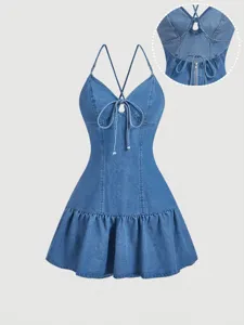 Women Summer Denim Strappy Dress Backless Cross Tie Up Mini Dress V Neck Ruffle Hem Sleeveless Cotton Denim Dress Casual Party Dress