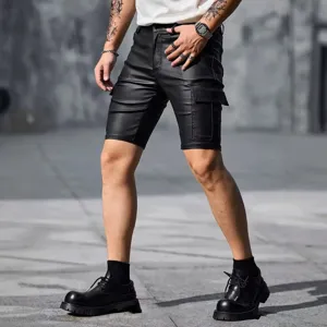 Men black PU leather cargo shorts summer slim fit casual five-point streetwear trousers