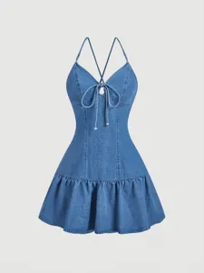 Detailed view of the women summer halter tie front denim mini dress with ruffled hem design.