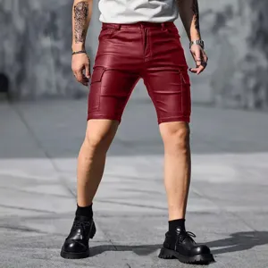 Men PU leather cargo shorts summer slim casual five-point pants trendy street style
