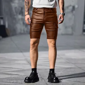 Men Faux Leather Cargo Shorts Summer Slim Fit Casual Five-Point Trousers Fashionable Streetwear