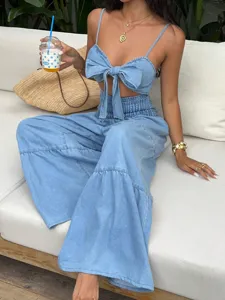 Women's Light Blue Cotton Denim Jumpsuit Bow Tie Cami Top And Wide Leg Pants High Smock Waist Sleeveless Summer Overalls