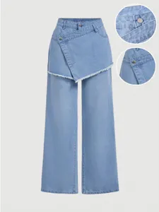 Women's Cotton Denim Wide Leg Straight Jeans With Asymmetric Fake Two-Piece Skirt Waist Raw Edge Casual Denim Long Pants