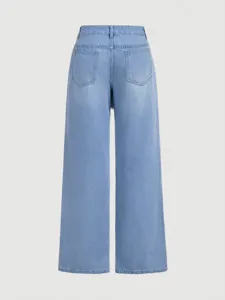 Light blue wide leg loose straight denim pants for women casual trousers back view