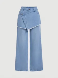 Asymmetric high-waist wide-leg denim jeans detail showcasing unique wrap waistband design.