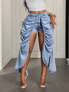 Women High Waist Denim Shorts With Asymmetric Pleated Skirt Overlay Ruffle Hem Cotton Washed Blue Jean Skorts Streetwear Shorts