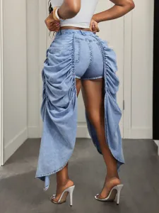 Ruffled denim shorts side split design summer casual high waist women denim shorts detail view