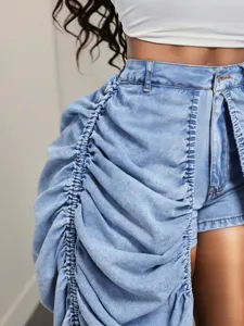 High waist denim shorts with ruched drape overlay detail summer casual women apparel