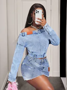 Women Off-Shoulder Long Sleeve Denim Top And Asymmetrical Mini Skirt Denim Outfit Set