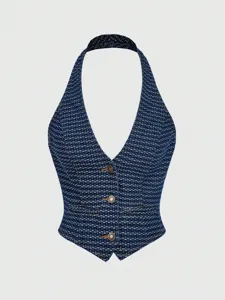 Detailed view of the dark blue tweed halter vest with metallic buttons and v-neck design.