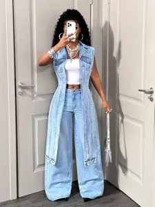 Long front short back casual women's denim vest, trendy European style streetwear outfit.