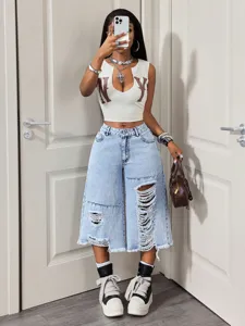 Pantaloni cropped in denim strappato estivo casual da donna, jeans larghi a vita alta.