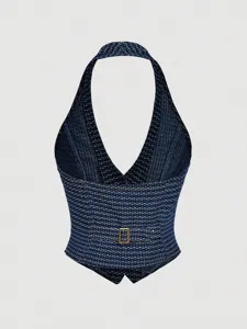 Dark blue denim halter top for women, chic v-neck corset with chic metal buckle detail.