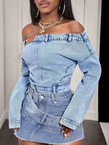 Women denim off-the-shoulder long sleeve top stylish casual streetwear vintage denim shirt.