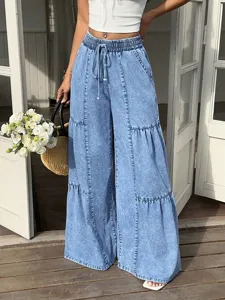 Women casual denim wide leg pants with elastic drawstring high waist and tiered design details.
