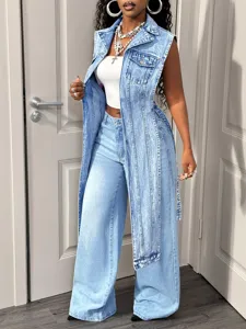Women long denim vest casual front short back long light blue sleeveless denim top