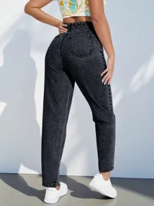 Back view detail of women high waisted acid wash black denim mom jeans, premium denim fabric.
