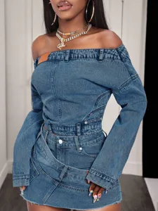 Women denim off shoulder top and skirt set, chic asymmetric long sleeve streetwear outfit.