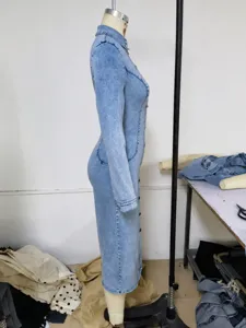 Abito in denim stretch da donna casual maniche lunghe con bottoni bodycon midi moda