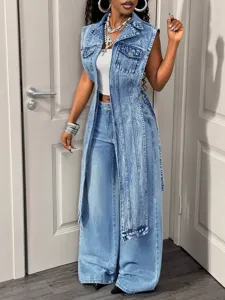 Sleeveless long denim vest and wide-leg jeans set, stylish casual street fashion outfit.