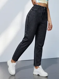 High waist tapered denim jeans for women, dark grey wash casual pants, stylish fit.