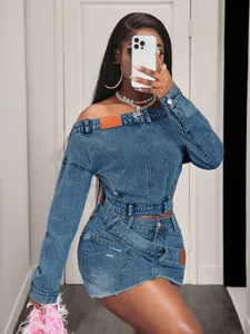 Chic off-shoulder long sleeve denim crop top and trendy asymmetrical mini skirt set.
