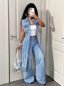 Sleeveless long denim vest for women, vintage wash duster denim jacket, casual streetwear.