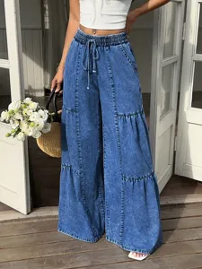Comfortable casual drawstring elastic high waist wide leg blue denim jeans detail presentation