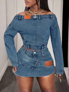Women off-shoulder denim crop top and asymmetrical mini skirt set casual streetwear fashion.
