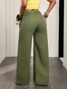 Women's casual high-waisted green wide-leg denim pants stylish fashion daily wear trousers