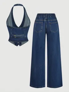 Women denim two piece set halter crop vest and high waist wide leg pants casual outfit