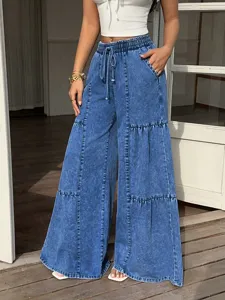 High-waist drawstring elastic waist wide-leg denim pants featuring a vintage washed blue design.