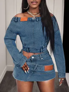Women denim two piece set off shoulder long sleeve crop top and asymmetric mini skirt.